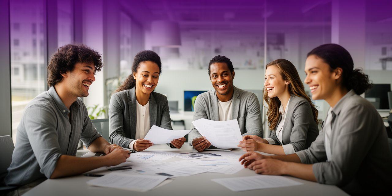 Diverse HR professionals collaborating around a modern office table in West Melbourne, reviewing documents and smiling